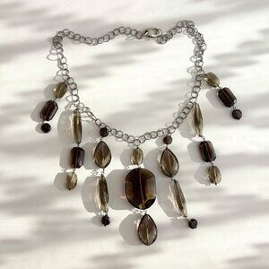 Amber Colored Beaded Vintage Silver T Multi Strand Costume Jewelry Necklace 20"